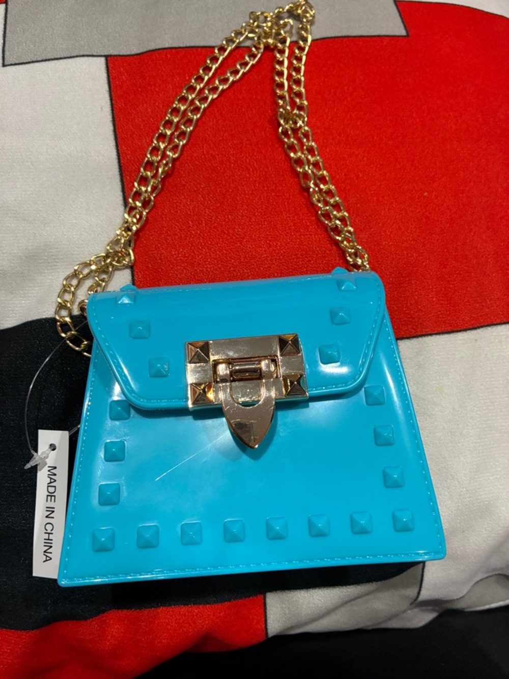 Blue Stud-Accent mini Crossbody Bag with Gold Chain